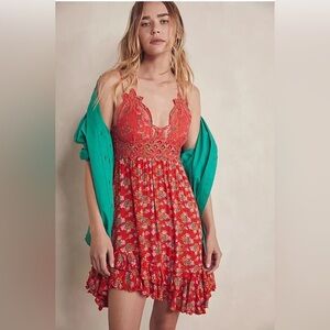Free People FP One Adella Printed Mini Slip Dress Lace Ruffle Summer Smocked XS